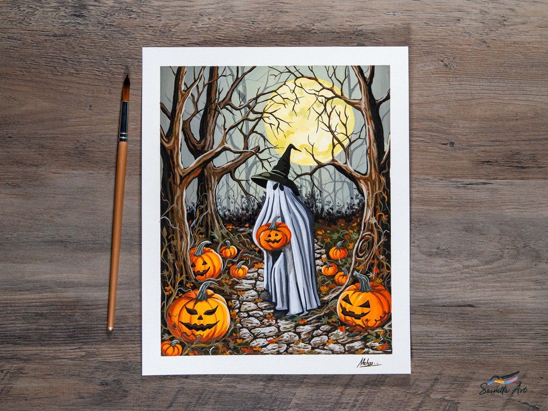 Spooky Ghost Pumpkin Patch Art Print - Original Halloween Art Gouache ...