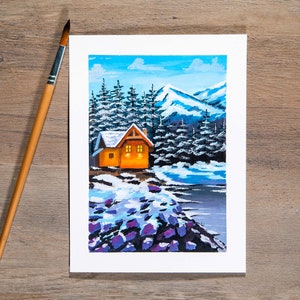Original Winter Mountain Landscape Gouache Painting & Art Print / Room Wall Decor / Small Art Print / Art Print