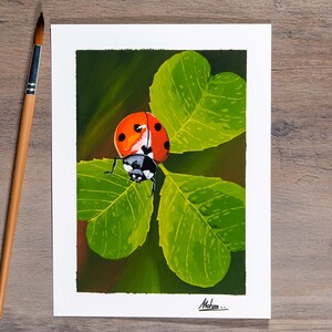 Ladybug On Clover - Gouache Painting - Original Art Print / Green Clover Leaf / Small Bug Print / Room Wall Decor