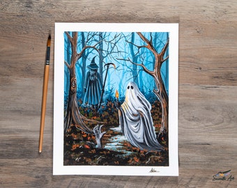 Spooky Ghost And Witch Art Print / Original Halloween Art / Gouache Print / Decoration  - Witching Hour in the Jungle