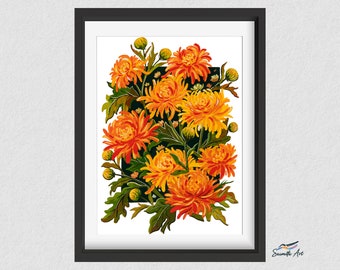 Chrysanthemums Flower Art Print, Gouache Painting, Botanical Floral Print, Wall Decor, 5 X 7, 8 X 10, 11 X 14, 12 X 16, 16 X 20
