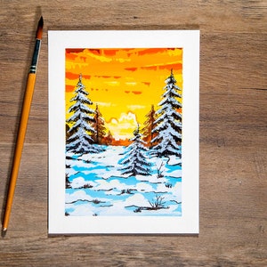 Original Gouache Winter Snow Covered Landscape Painting & Art Print - Small Art Print / Wall Decor / Mini Print