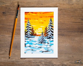 Original Gouache Winter Snow Covered Landscape Painting & Art Print - Small Art Print / Wall Decor / Mini Print