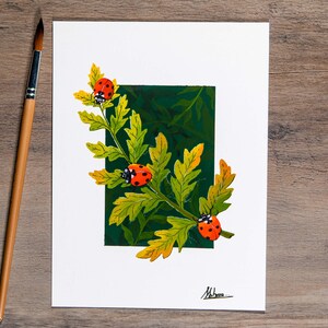 Original Three Ladybugs Gouache Painting - Art Print / Fern Leaf / Bug painting / Room Wall Decor / Small Art Print