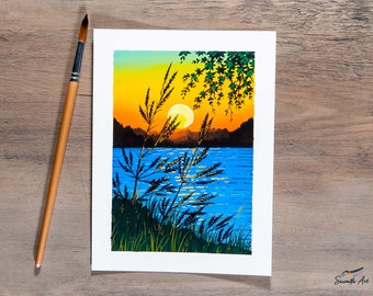 Wild grass and sunset - Original gouache painting - Landscape Art / Original Art Print / Small Art Print / Wall Decor