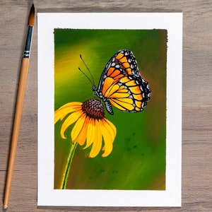 Gouache painting titled ' Flutterby' features a yellow monarch butterfly on a coneflower against a green background. Adds natural elegance to any space.