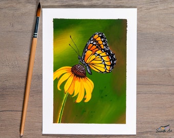 Flutterby - Gouache painting - Monarch Butterfly Painting / Bird Print / Flower Wall Decor / Original Art Print