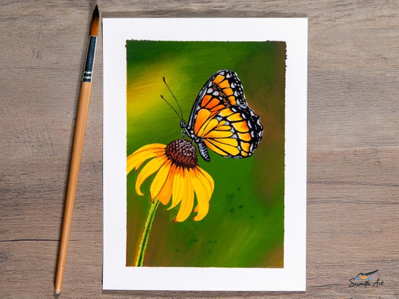 Flutterby - Gouache painting - Monarch Butterfly Painting / Bird Print / Flower Wall Decor / Original Art Print