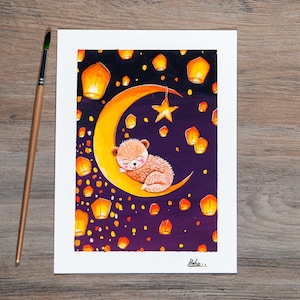 Dreamy Koala Crescent Nap Gouache Painting with Floating Lanterns and Moon - Perfect Wall Decor for Cozy Spaces