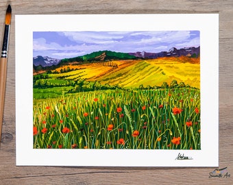 Poppies In Field - Original Gouache Painting - Art Print / Red Poppies / California Poppy Print / Landscape Wall Decor