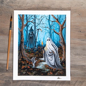 May include: A painting of a witch and a ghost in a dark forest. The witch is wearing a black robe and a pointed hat. The ghost is wearing a white sheet and holding a lantern. The forest is filled with trees and leaves.