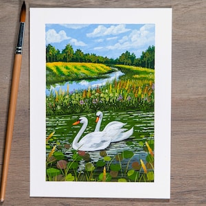 Original Gouache Painting - Swan Couple Art Print / Bird Wall Decor / Small Art Print - Together Forever