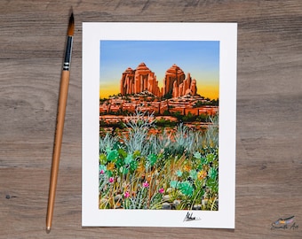 Original Gouache Painting Sedona Cathedral Rock & Art Print - Arizona Desert / Southwest Landscape Painting / Wall Decor