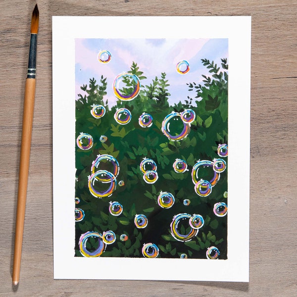 Bubble Bliss  - Gouache painting & print - Garden Landscape Print / Small Bubble Art Print / Original Wall Art Decor