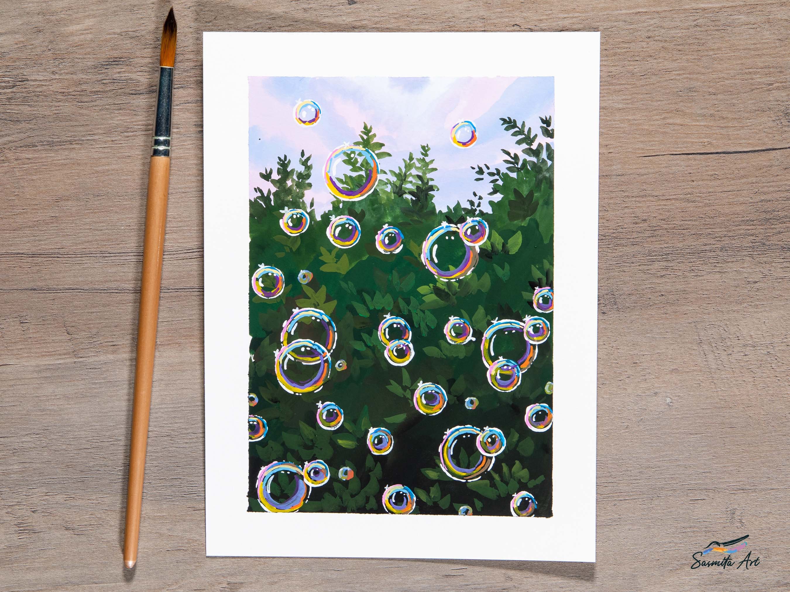 Bubble Bliss  - Gouache painting & print - Garden Landscape Print / Small Bubble Art Print / Original Wall Art Decor