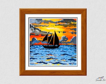 Original Square Art Print Sail Boat Painting, Gouache Landscape Print, Room Wall Decor, Mini Art