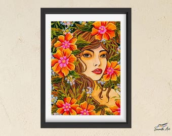 Floral Lady Gouache Art Print: Colorful Woman Portrait