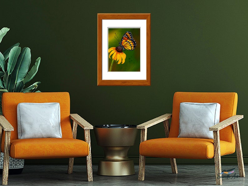 Gouache painting titled 'Flutterby' features a yellow monarch butterfly on a cone flower against a green background. Adds natural elegance to any space.