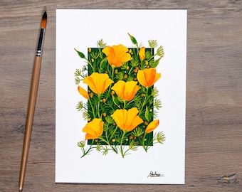 Poppies In Bloom  - Original Gouache painting - California Yellow Poppy Painting / Small Art Print / Floral Wall Decor