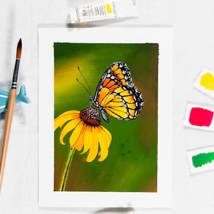 Gouache painting titled 'Flutterby' features a yellow monarch butterfly on a cone flower against a green background. Adds natural elegance to any space.