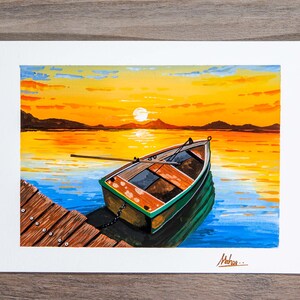 Rustic Rowboat - Original Gouache Painting - Landscape painting / Art Print / Room Wall Art Decor / Small Art Print