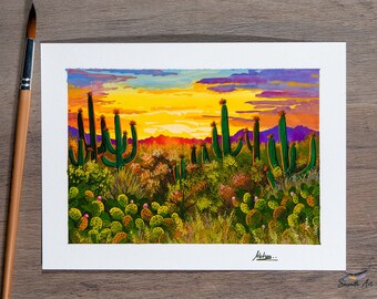 Cactus Blooms in Arizona - Original gouache painting - Landscape Painting / Art Print / Small Art Print / Wall Decor