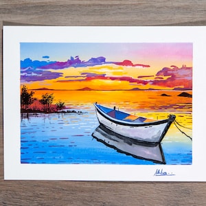 Vibrant Shores - Original Gouache Painting - Rowboat Landscape painting / Art Print / Wall Art Decor / Boat Art Print