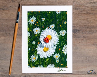 Ladybug On Daisy Flower - Gouache Painting - Original Art Print / Small Art / Room Wall Decor / Mini Art / White Flower