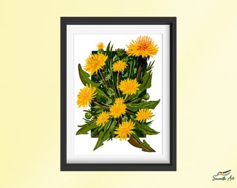 Yellow Dandelion Flower Art Print -  Gouache Art Print / Mini Art / Floral Room Wall Decor / Birth Month Gift