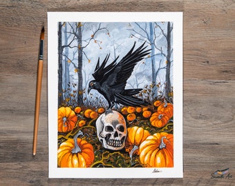 Spooky Halloween Crow Art Print - Gouache Painting of Skull's Haunting Visitor in Mysterious Forest - Fall Decor for Halloween Magic