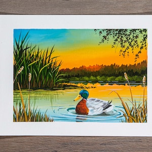 Serene Duck Pond Gouache Painting - Vibrant Wildlife Wall Art - Nature Lovers Original Art Print - Small Bird Home Decor