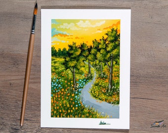 Flowers Field - Original Gouache Painting - Landscape Art Print / Room Wall Art / Small Art Print / Original Art Print