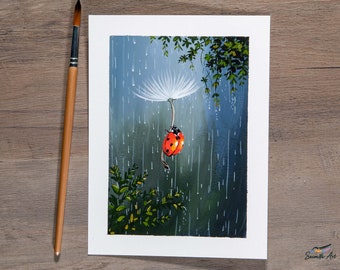 Ladybug's Dream - Gouache painting - Ladybug Print / Bug painting / Original Art Prints / Small Art Prints