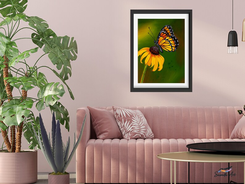 Gouache painting titled 'Flutterby' features a yellow monarch butterfly on a cone flower against a green background. Adds natural elegance to any space.