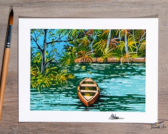 The Peaceful Rowboat  - Gouache painting - Landscape painting / Original Art Print / Wall Art Decor / Small Art Print