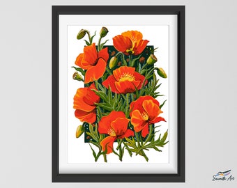 California Red Poppy Flower Gouache Art Print | Floral Room Wall Decor | Original Painting with Rich Textures and Stunning Visuals