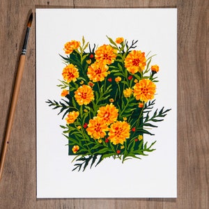 Marigold Dreams - Gouache painting - Flower Print / Floral Wall Decor / Original Art Print / Small Art / Botanical Art