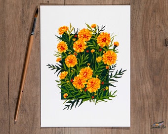 Marigold Dreams - Gouache painting - Flower Print / Floral Wall Decor / Original Art Print / Small Art / Botanical Art