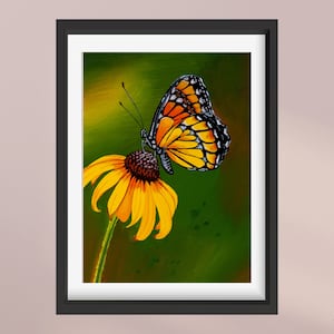 Gouache painting titled 'Flutterby' features a yellow monarch butterfly on a cone flower against a green background. Adds natural elegance to any space.