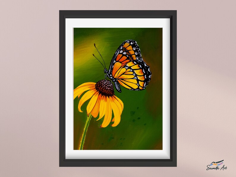 Gouache painting titled 'Flutterby' features a yellow monarch butterfly on a cone flower against a green background. Adds natural elegance to any space.