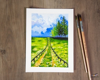 Path And Green Field - Gouache painting - Landscape painting / Original Art Print / Landscape Wall Art / Small Art Print