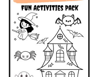 May include: Black and white Halloween Fun Activities Pack. The image features a witch on a broom, a haunted house, a bat, a spider, a ghost, and a jack-o'-lantern. The words "HALLOWEEN FUN ACTIVITIES PACK" are at the top.
