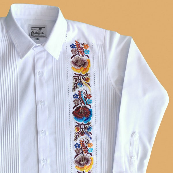 Linen Guayabera for Men - Mexican Shirt - from Yucatan - Hand Double Embroidered - Fathers Day Gift