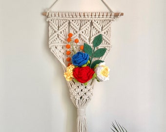 Knitted Macrame Wall Hanging with Crochet Flowers, Boho Home Decor