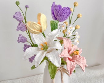 Handmade Crochet Flower Bouquet, Lily, Tulip, Daisy, Home Decor