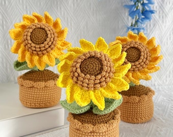 Handmade Crochet Sunflower in Pot, Desk Decoration, Gift for Her