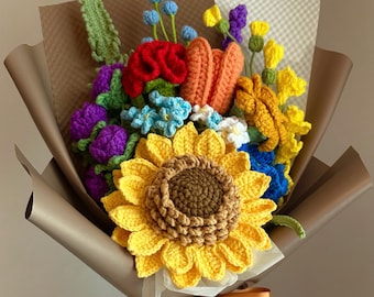 Handmade Crochet Sunflower Bouquet, Mother's Day Gift, Birthday Gift, Finished Product, Tulip, Home Decor, Girlfriend, Wife, Gift For Her