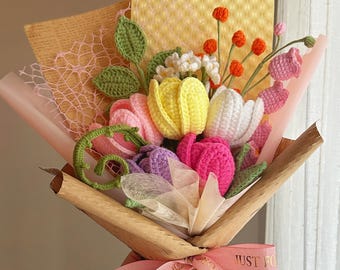 Crochet Flowers Bouquet, Tulip, Birthday Gift, Get Well Soon, Finished Product, Handmade Flowers, Home Decor, Anniversary, Gift For Her