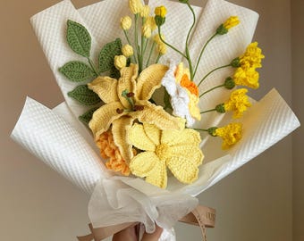 Handmade Crochet Flower Bouquet: Lily & Daisy Cotton Yarn Gift, Mother's Day Gift, Love, Mom, Gift for Her
