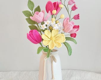 Handmade Crochet Flower Bouquet, Daisy Tulip Lily of the Valley